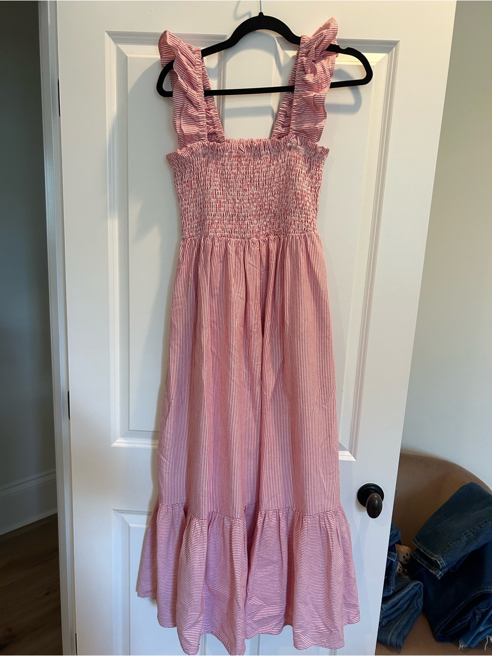 Pink Ruffle-Shoulder Smocked Casual Midi Dress
